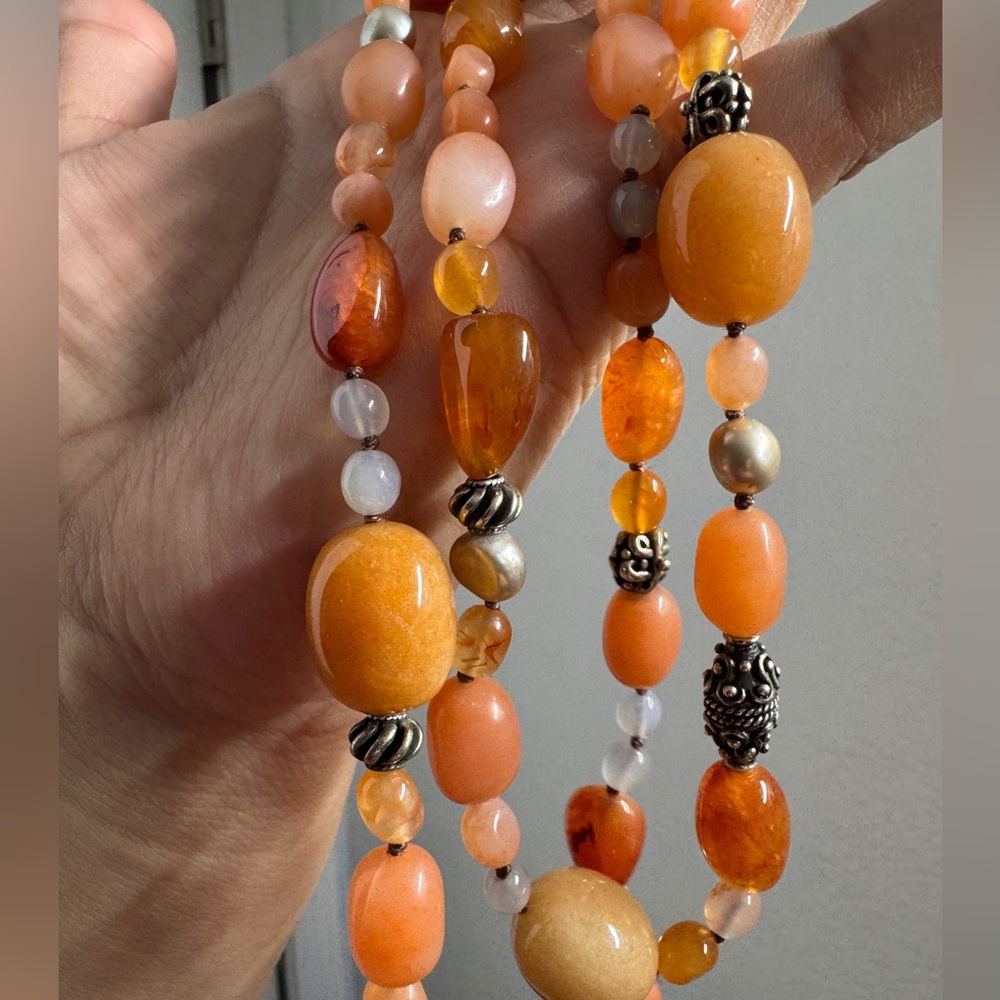 Carnelian 925 Amber orange mix tone freshwater pearl necklace